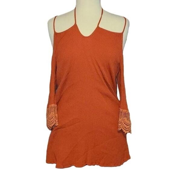 Sans Souci Medium Orange Cold Shoulder Bohemian Cut Out Shirt - Picture 1 of 3
